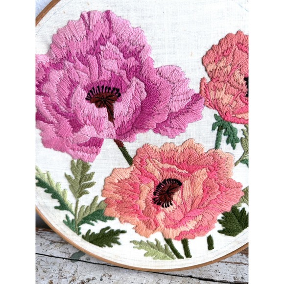 Vintage Handmade Floral Embroidery Hoop Wall Art 14" - Picture 2 of 6